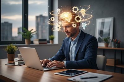 A professional man working at a desk, focused with a slight smile — glowing brain or icons of light bulbs and gears around his head.