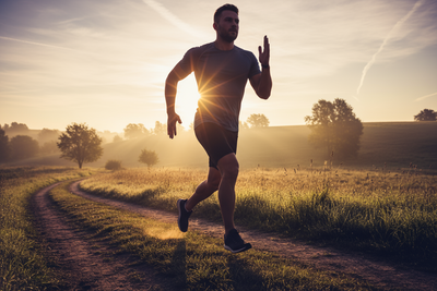 Energetic man running outdoors at sunrise, stepping forward with power — symbolizing high stamina and motivation.